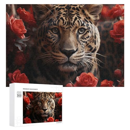 Rote Rose und Tiger Puzzle, 300 Bilder, personalisierte Puzzles für Erwachsene, Fotos, Puzzle für Familie, anspruchsvolles Bilderpuzzle mit Aufbewahrungstasche, Heimdekoration, Puzzle von LZQPOEAS