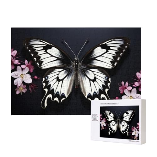 Schwarz-Weiß-Schmetterling-Puzzle, 300 Teile, Holz-Puzzle, personalisiertes Bild, Puzzle, Familienspiele, Kunstwerk, Fotopuzzle, anspruchsvolle Puzzles für Erwachsene (39,9 x 27,9 cm) von LZQPOEAS