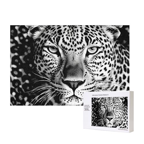 Schwarz-weißes Leopardengesicht-Puzzle, 300 Teile, Holz-Puzzle, personalisiertes Bild, Puzzle, Familienspiele, Kunstwerk, Fotopuzzle, anspruchsvolle Puzzles für Erwachsene (39,9 x 27,9 cm) von LZQPOEAS