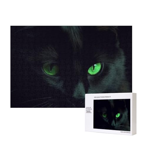 Schwarze Katze Grüne Augen Puzzles 300 Teile Holzpuzzle Personalisierte Bilderpuzzles Familienspiele Kunstwerk Fotopuzzle Herausfordernde Puzzles für Erwachsene (39,9 x 27,9 cm) von LZQPOEAS