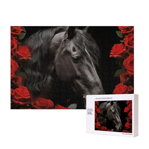 Schwarzes Pferd auf dem Hintergrund roter Rosen, 300 Teile, Holzpuzzle, personalisierte Bildrätsel, Familienspiele, Kunstwerke, Fotopuzzle, anspruchsvolle Puzzles für Erwachsene (39,9 x 27,9 cm) von LZQPOEAS