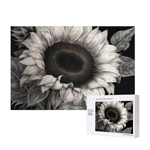 Sonnenblumen-Schwarz-Grau-Puzzle, 300 Teile, Holz-Puzzle, personalisiertes Bild, Puzzle, Familienspiele, Kunstwerk, Fotopuzzle, anspruchsvolle Puzzles für Erwachsene (39,9 x 27,9 cm) von LZQPOEAS