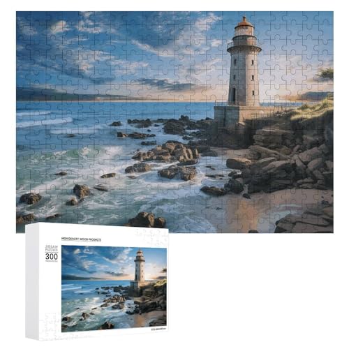 Strand-Leuchtturm-Puzzle, 300 Bilder, personalisiertes Puzzle für Erwachsene, Fotos, Puzzle für Familie, anspruchsvolles Bilderpuzzle mit Aufbewahrungstasche, Heimdekoration, Puzzle von LZQPOEAS