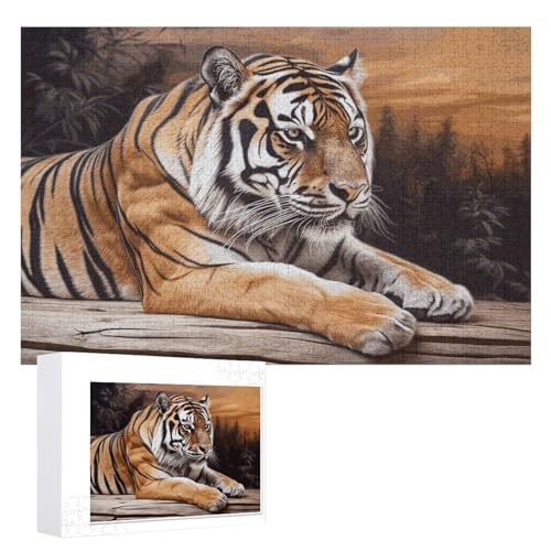 Tiger Liegend auf Holz Puzzles 1000 PCS Personalisierte Puzzles für Erwachsene Fotos Puzzle für Familie herausforderndes Bilderpuzzle mit Aufbewahrungstasche, Heimdekoration Puzzle von LZQPOEAS