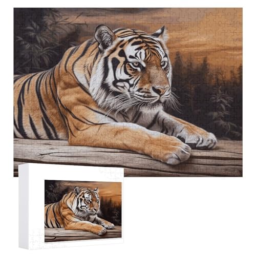 Tiger liegt auf Holz, 500 Stück, personalisiertes Puzzle für Erwachsene, Fotos, Puzzle für Familie, anspruchsvolles Bilderpuzzle mit Aufbewahrungstasche, Heimdekoration, Puzzle von LZQPOEAS