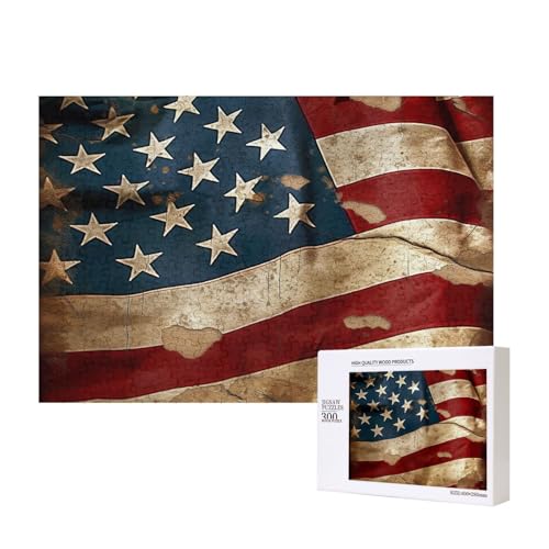 Vintage American Flag Puzzles 300 Teile Holzpuzzle Personalisierte Bilderpuzzles Familienspiele Kunstwerk Fotopuzzle Herausfordernde Puzzles für Erwachsene (39,9 x 27,9 cm) von LZQPOEAS