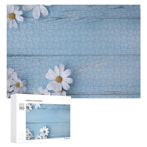 Weiße Blumen, hellblaue Holzpuzzles, 300 Bilder, personalisiertes Puzzle für Erwachsene, Fotos, Puzzle für Familie, anspruchsvolles Bilderpuzzle mit Aufbewahrungstasche, Heimdekoration, Puzzle von LZQPOEAS