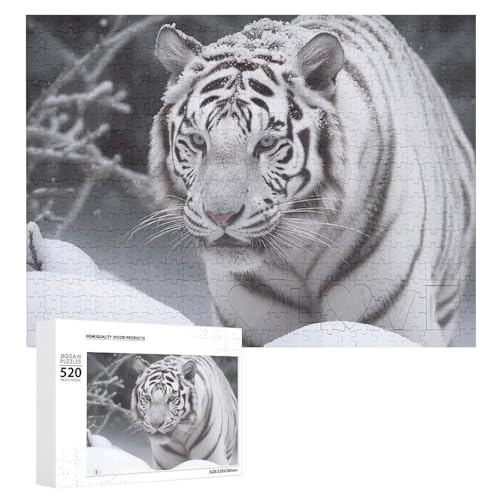 Weißer Tiger im Schnee, 520 Bilder, personalisiertes Puzzle für Erwachsene, Fotos, Puzzle für Familie, anspruchsvolles Bilderpuzzle mit Aufbewahrungstasche, Heimdekoration, Puzzle von LZQPOEAS