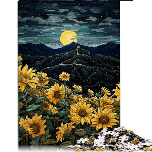 1000-teiliges Puzzle, Sonnenblumen unter Nachtlicht, Papierpuzzle, Geeignet für Erwachsene und Kinder ab 12 Jahren, Schwierig und herausfordernd. Größe: 26 x 38 cm von LZYANG