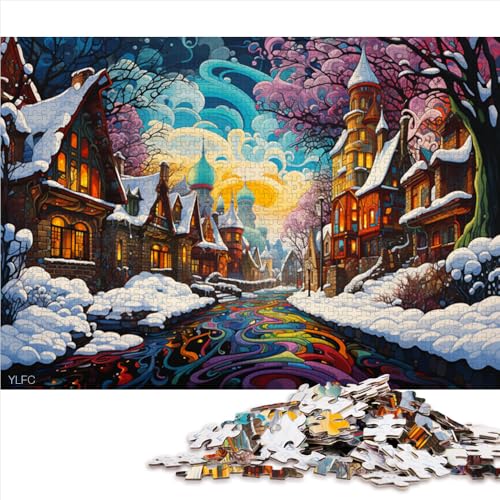 1000-teiliges Puzzle, farbenfrohe Straßenszene im Schnee, Papierpuzzle, für Erwachsene und Jugendliche ab 12 Jahren, Geschenkideen. Größe: 52 x 38 cm. von LZYANG