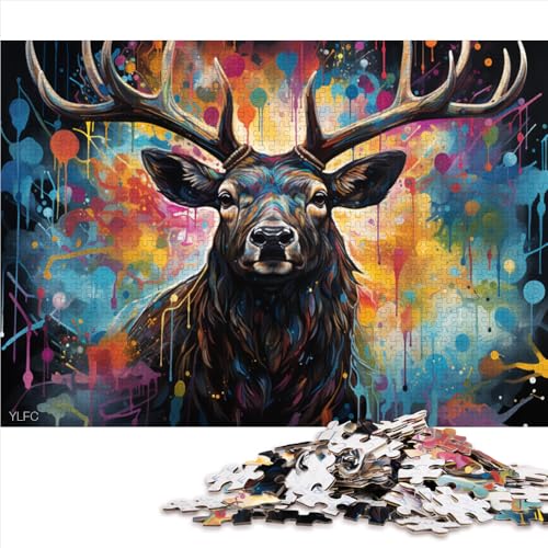 1000-teiliges Puzzle, farbenfrohes, psychedelisches, bizarres Hirsch-Holzpuzzle, für Erwachsene und Kinder, pädagogisches Spiel, herausforderndes Spielzeug. Größe: 52 x 38 cm. von LZYANG