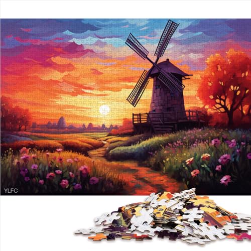 1000-teiliges Puzzle, holländische Windmühlenlandschaft, Papierpuzzle, Geschenk für Erwachsene, Denksportspiel. Größe: 26 x 38 cm. von LZYANG