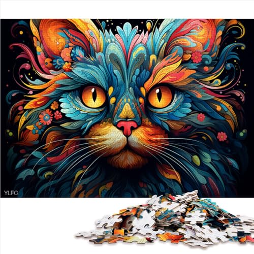 1000-teiliges Puzzle-Geschenk für Erwachsene, farbenfrohes psychedelisches Katzen-Holzpuzzle, für Erwachsene und Kinder, Familienunterhaltungsspielzeug. Größe: 52 x 38 cm. von LZYANG