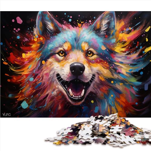 1000-teiliges Puzzle für Erwachsene, farbenfrohes psychedelisches Husky-Gemälde, Holzpuzzle für Erwachsene und Kinder ab 12 Jahren, Heimdekoration. Größe: 52 x 38 cm. von LZYANG