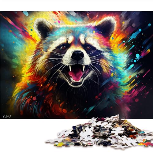 Puzzle 1000 Teile für Erwachsene, farbenfrohes psychedelisches Waschbär-Holzpuzzle, für Erwachsene und Familien, Geschenkspielzeug. Größe: 52 x 38 cm. von LZYANG