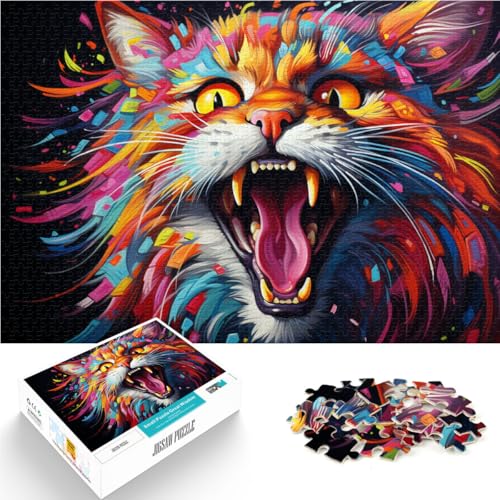 Puzzle für Erwachsene, 1000 Teile, Holzpuzzle mit farbenfroher Psychedelischer Katze, Geeignet für Kinder ab 12 Jahren, Lernspiel und herausforderndes Spielzeug. Größe: 52 x 38 cm. von LZYANG