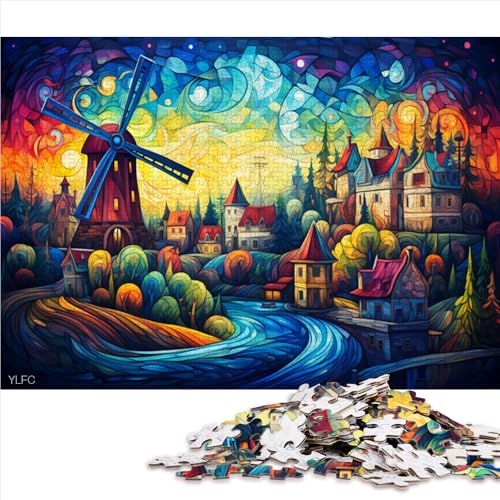 Puzzle für Erwachsene 1000, Buntes Regenbogen-Windmühlenstadt-Holzpuzzle, Für Jugendliche und Erwachsene, Denkspiel-Spiel. Größe: 52 x 38 cm von LZYANG