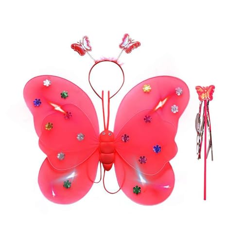 LZYWOD LED Schmetterling Feenflügel Prinzessin Kostüm Set, Feenkostüm für Mädchen, Glühendes Feenkostüm mit Stirnband & Zauberstab, Schmetterling Feenflügel, Schmetterling Zauberstab für Geburtstag, von LZYWOD