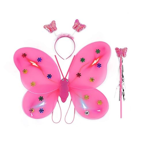 LZYWOD LED Schmetterling Feenflügel Prinzessin Kostüm Set, Feenkostüm für Mädchen, Glühendes Feenkostüm mit Stirnband & Zauberstab, Schmetterling Feenflügel, Schmetterling Zauberstab für Geburtstag, von LZYWOD