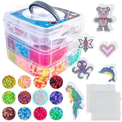 La Manuli Bügelperlen Set - 10000 Sortiert Bügelperlen 5mm 23 Farben Glitzer - volle Farbe - im Dunkeln Leuchten Perlen, Fuse Beads Kit, Steckperlen mit Steckplatten Zubehör von La Manuli