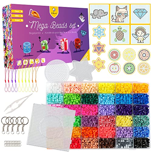 La Manuli 11.000 Sortiert Bügelperlen Mega Beads Set | Steckperlenset mit Platte Zubehör Muster | 36 Farben (enthält Glitzer und Sniped Perlen) Mit jeder Marke Beads Kompatibel von La Manuli