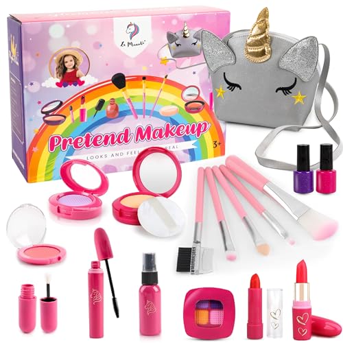 La Manuli Kinderschminke Set Mädchen - Pretend Make Up Schminkkoffer Spielzeug, Fälschung Schminkset für Kinder Rolle Spielen, Einhorn Kosmetik Geschenk für Kleinkinder ab 3 4 5 6 7 8 Jahre von La Manuli