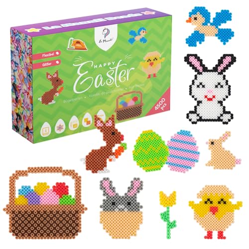 La Manuli Bügelperlen Set Ostern - 4500 Stück, Bügelperlen 5mm Midi Größe, 24 Sortier Farben, Ostern-Motive, Steckperlen Schablonen, Kreativzubehör, Bastelset fur Kinder ab 6 7 8 9 10 Jahren von La Manuli