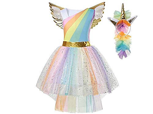 La Senorita Einhorn Kleid Unicorn Kleid + GRATIS Haarreif und Kette - Tutu Kinder Kostüm Prinzessin Kleid Regenbogen Verkleidung Mädchen (Größe 116/122 (M) 5/6 Jahr) von La Senorita