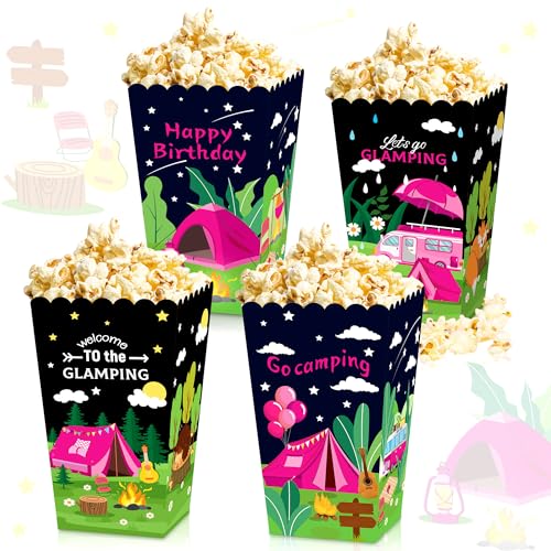 LaVenty 12 Stück rosa Camping-Partyzubehör, Glamping-Party-Popcorn-Boxen, Glamping-Party-Taschen, Schachteln, Mädchen, Camping, Party-Dekorationen, Glamping-Party-Dekorationen von LaVenty