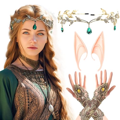 LaVenty 3er Set Grün Renaissance Elf Kostüm Handschuhe Renaissance Kopfschmuck Waldfee Krone Stirnband Elfenohren Elfe Renaissance Halloween Hochzeit Brautdusche Dekoration von LaVenty