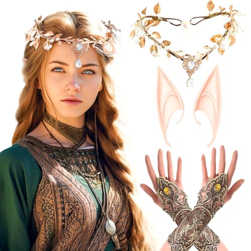 LaVenty 3er Set Luxus Renaissance Elf Kostüm Spitze Handschuhe Renaissance Kopfschmuck Waldfee Krone Stirnband Elfenohren Elfe Renaissance Halloween Hochzeit Brautparty von LaVenty