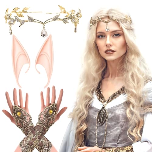 LaVenty 3er Set Renaissance Elf Kostüm Spitze Handschuhe Renaissance Kopfschmuck Waldfee Krone Stirnband Elfenohren Elfe Renaissance Halloween Hochzeit Brautparty von LaVenty