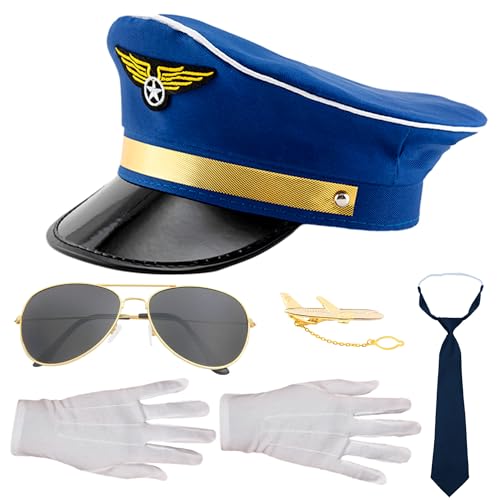 LaVenty Blau Pilot Kostüm Airline Pilot Captain Kostüm Pilot Dress up Zubehör Kapitänsmütze Chauffeur Mütze Pilot Kostüm Pilot Kostüm Kostüm Pilotin Pilotenmütze von LaVenty