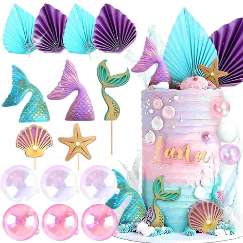 LaVenty Blaue lila Meerjungfrau Kuchen Topper Unter dem Meer Kuchen Dekoration Muschel Kuchen Topper Meerjungfrau Schwanz Kuchen Topper Meerjungfrau Party Supplies von LaVenty