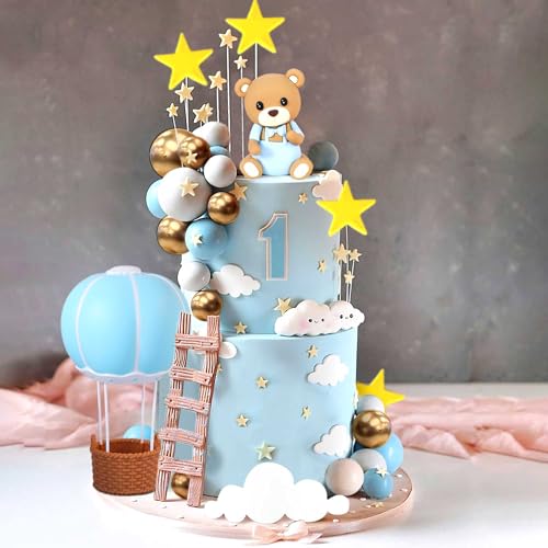 LaVenty Blauer Bär Tortendeko Blau Gold Kugeln Cake Topper Heißluftballons Bären Kuchen Tortendeko Baby Shower Geburtstag Tortendeko von LaVenty