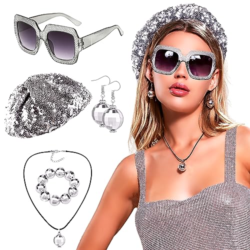 LaVenty Disco Outfit Damen Discokugel Ohrringe Pailletten Hut Disco Accessoires Damen von LaVenty