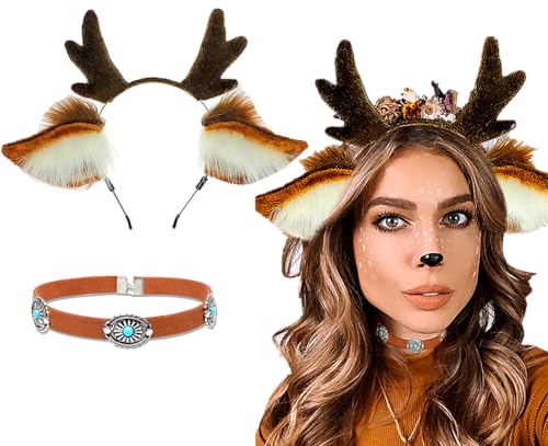 LaVenty Weihnachts Haarreif Weihnachten Stirnband Rentier Geweih Stirnband Weihnachten Kopfschmuck Für Damen Reindeer Ears Haarschmuck Reindeer Kostüm Accessoires Halloween Fasching Party Cosplay von LaVenty