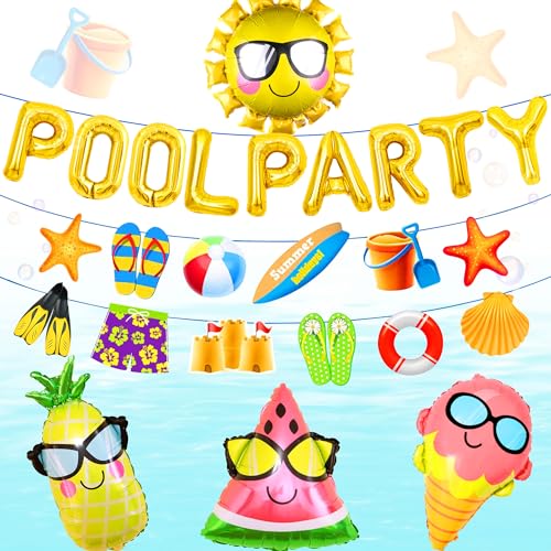 LaVenty Goldene Pool-Party-Dekoration, rosa Mädchen, Strand, Pool, Partyzubehör, Sommer, Sonne, Luftballons, Strandparty, Hintergrund, Banner für Luau Hawaii Beach Pool Party von LaVenty