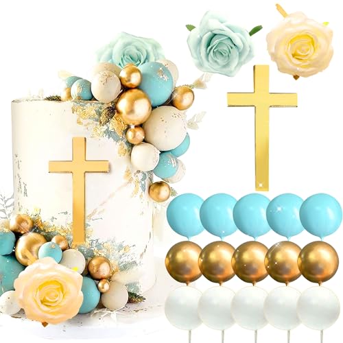 LaVenty Kreuz Kuchen Dekoration Blaue weiße Kuchen Dekoration Rose Kuchen Dekoration Kreuz Cake Topper für Babyparty Hochzeitstorte Geburtstag Kommunion Party von LaVenty