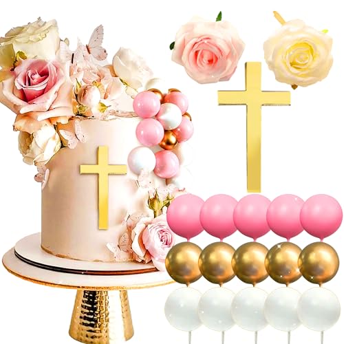 LaVenty Kreuz Kuchen Dekoration Rosa weiße Kuchen Dekoration Rose Kuchen Dekoration Kreuz Cake Topper für Babyparty Hochzeitstorte Geburtstag Kommunion Party von LaVenty