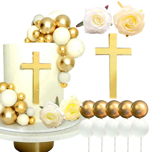 LaVenty Kuchen Deko Zur Taufe Kreuz Kuchen Dekoration Weißgold Kuchen Dekoration Rose Kuchen Dekoration Kreuz Cake Topper für Babyparty Hochzeitstorte Geburtstag Kommunion Party von LaVenty