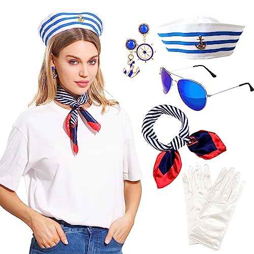 LaVenty Nautisches Kostüm für Frauen Matrosen Kostüm Zubehör Matrosenmütze nautische Accessoires Sonnenbrille Handschuhe Schal Hut Navy Sailor Nautical Bachelorette Party Favors Halloween Cosplay von LaVenty