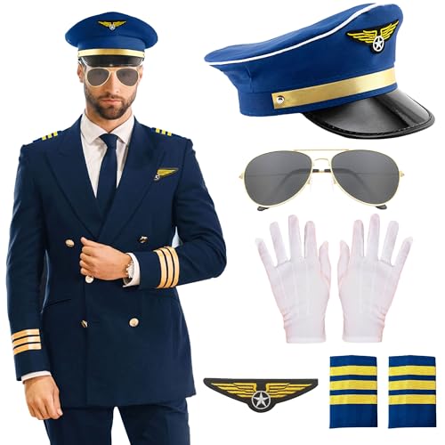 LaVenty Pilot Kostüm Airline Pilot Captain Kostüm Pilot Dress up Zubehör Kapitänsmütze Chauffeur Mütze (blau 2) von LaVenty
