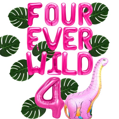 LaVenty Pink Four Ever Wild Geburtstagsdeko Dinosaurier Vier Ever Wild Luftballons Hintergrund 4 Geburtstagsgeschenk für Mädchen Roar Im 4 Geburtstagsdeko von LaVenty