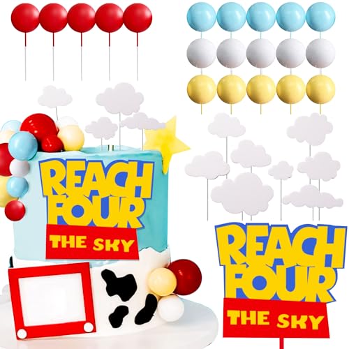 LaVenty Reach Four the Sky Cake Topper Birthday Decorations Yellow Red Blue Balls Cake Decoration 4th Birthday Cake Topper for Boy 4 Birthday Party von LaVenty