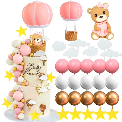 LaVenty Rosa Bär Tortendeko Baby Bär Baby Shower Cake Topper Heißluftballons Tortendeko Baby Shower Geburtstag Tortendeko von LaVenty