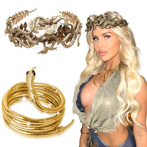 LaVenty Schlange Stirnband Schlange Ohrringe Medusa Kopfstück Medusa Krone Medusa Kostümzubehör Göttin Kostüm Frauen Party Kostüm (Gold 1) von LaVenty