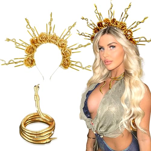 LaVenty Schlange Stirnband Schlange Ohrringe Medusa Kopfstück Medusa Krone Medusa Kostümzubehör Göttin Kostüm Frauen Party Kostüm (Gold 3) von LaVenty