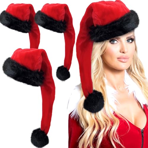 LaVenty Schwarze lange Nikolausmütze, niedliche Weihnachtsmütze für Frauen, niedliche Weihnachtsmützen für Weihnachtsfeier, Zubehör, Weihnachtsfeier, Kostüm, Cosplay von LaVenty