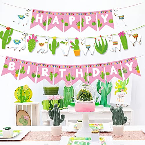 LaVenty Set von 2 Lama-Happy Birthday-Banner Kaktus-Banner Fiesta Party Dekoration mexikanisches Motto Party Supplies Kid Llama-Foto-Hintergrund von LaVenty